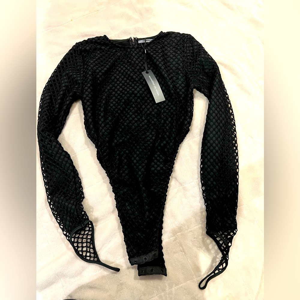 Maniere de voire long sleeve high cut mesh bodysuit